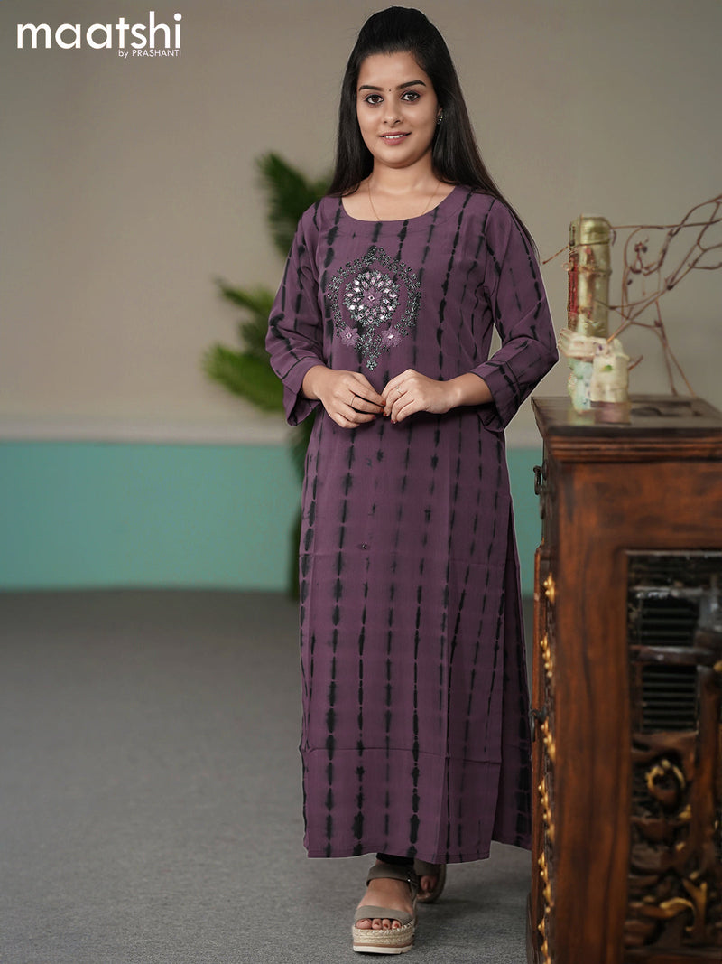 Chiffon readymade kurti wine shade and  with tie & dye prints embroidery mirror work neck pattern without pant