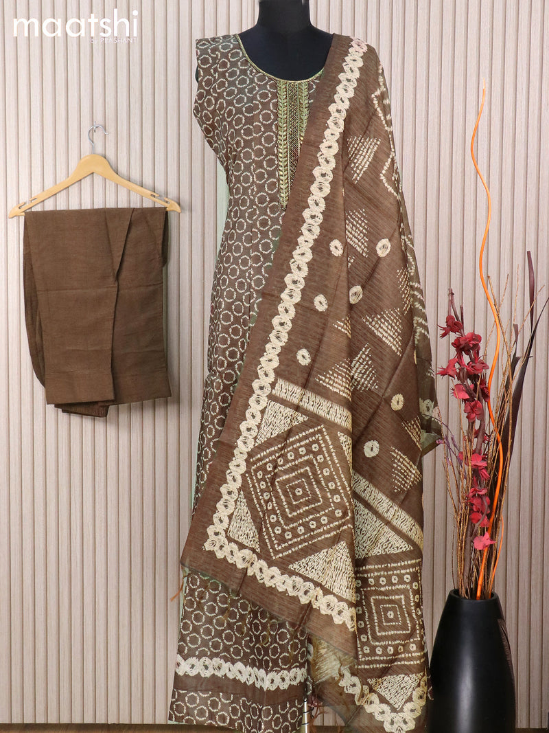 Raw silk readymade anarkali suits brown and  with geometric batik butta prints & embroidery zardosi work neck design and straight cut pant & printed dupatta
