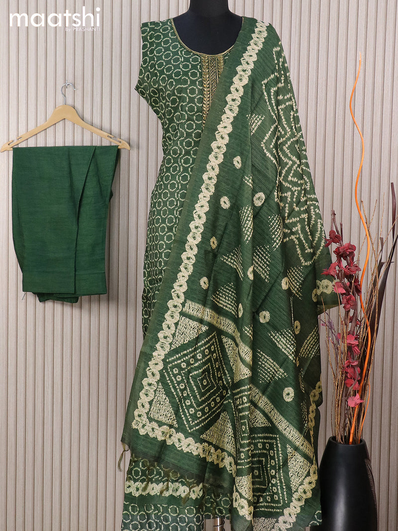 Raw silk readymade anarkali suits bottle green and  with geometric batik butta prints & embroidery zardosi work neck design and straight cut pant & printed dupatta