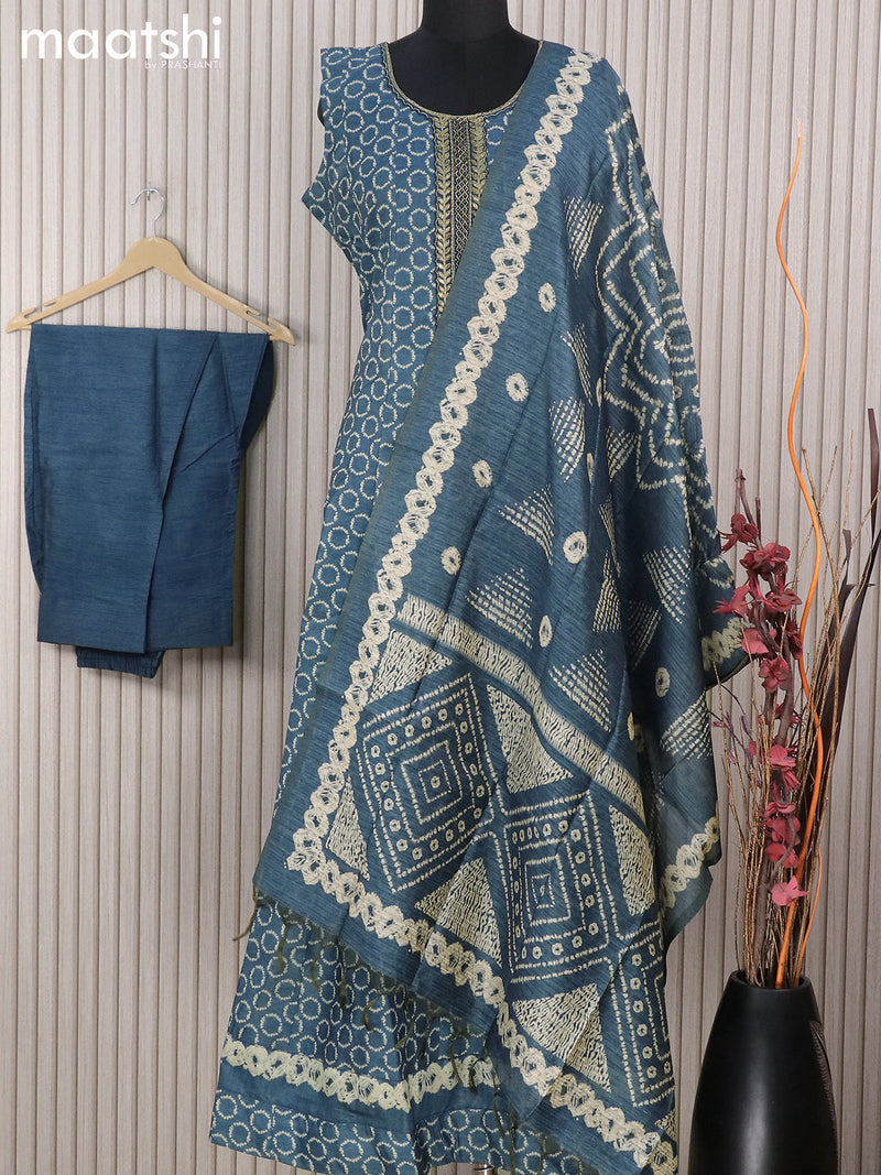 Raw silk readymade anarkali suits blue and  with geometric batik butta prints & embroidery zardosi work neck design and straight cut pant & printed dupatta