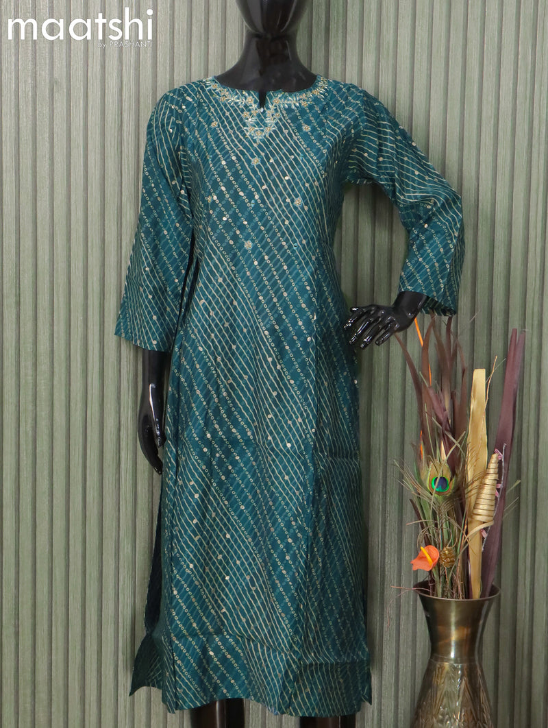 Modal readymade kurti peacock blue and  with allover bandhani prints & embroidery neck design without pant