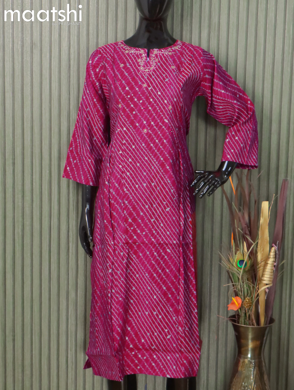 Modal readymade kurti pink and  with allover bandhani prints & embroidery neck design without pant