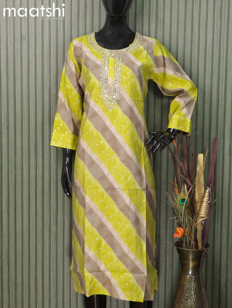 Modal readymade kurti light green and grey with tie & dye prints & mirror work neck pattern without pant