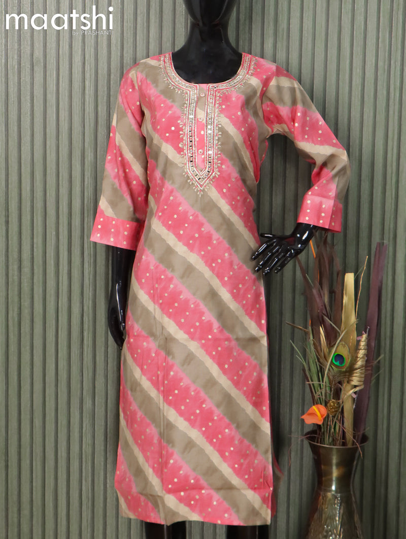 Modal readymade kurti light pink and grey shade with tie & dye prints & mirror work neck pattern without pant