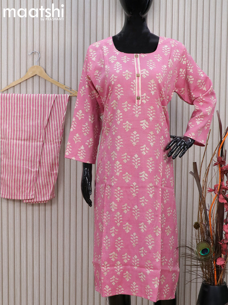 Rayon readymade kurti pink cream with batik butta prints & simple patch work neck pattern and straight cut pant