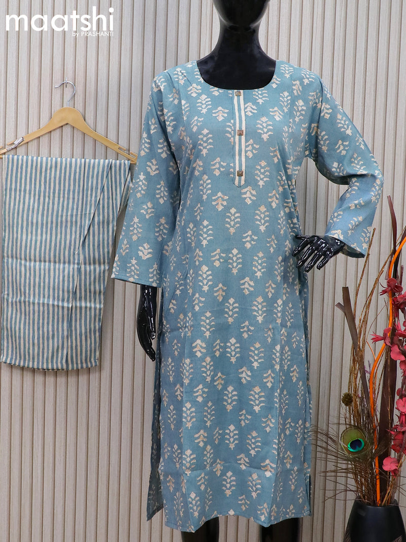 Rayon readymade kurti greyish blue with batik butta prints & simple patch work neck pattern and straight cut pant