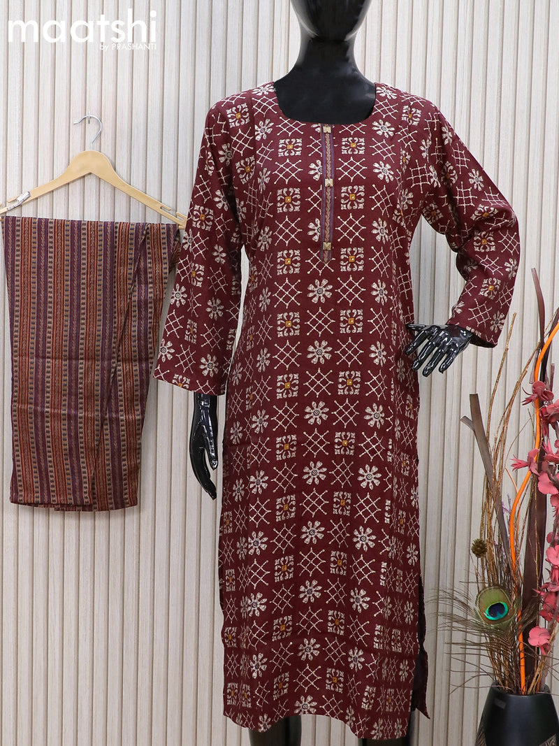Rayon readymade kurti maroon with batik butta prints & simple patch work neck pattern and straight cut pant