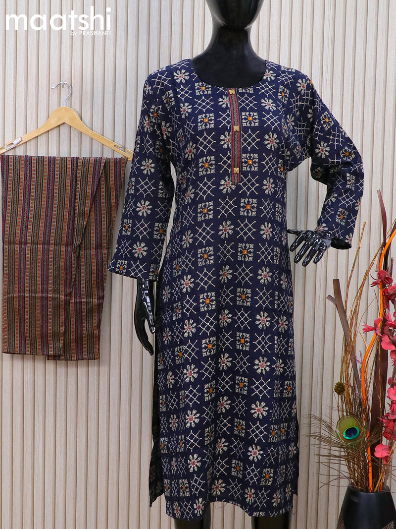 Rayon readymade kurti navy blue with batik butta prints & simple patch work neck pattern and straight cut pant