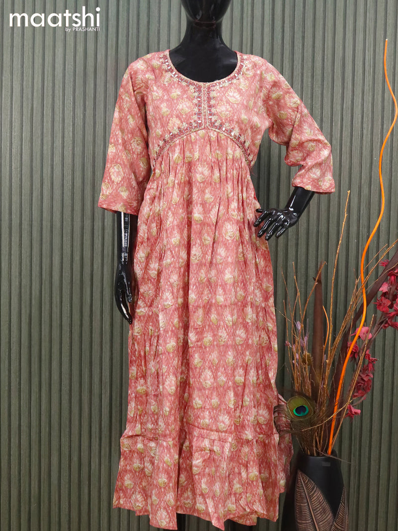 Cotton readymade alia cut kurti pastel maroon with floral prints & mirror embroidery work neck design and without pant