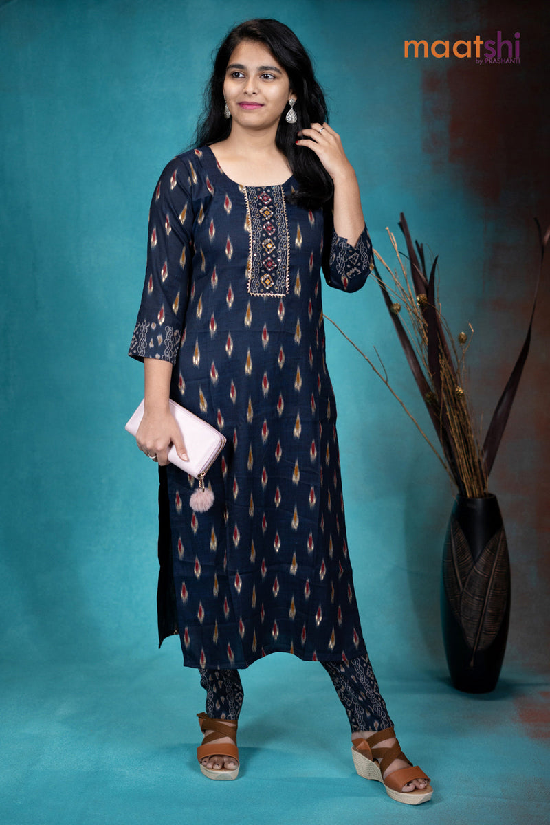 Slub cotton readymade kurti navy blue with allover butta prints & gottapatti lace work neck pattern and straight cut pant