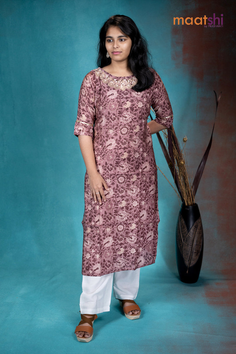 Modal readymade kurti mauve pink with allover prints & embroidery neck pattern without pant