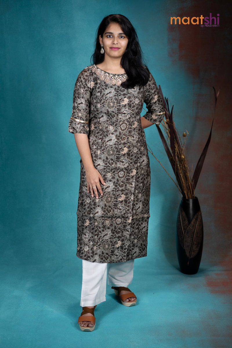 Modal readymade kurti grey and brown shade with allover prints & embroidery neck pattern without pant