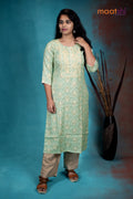 Slub cotton readymade kurti pastel green with allover prints & embroidery neck pattern without pant