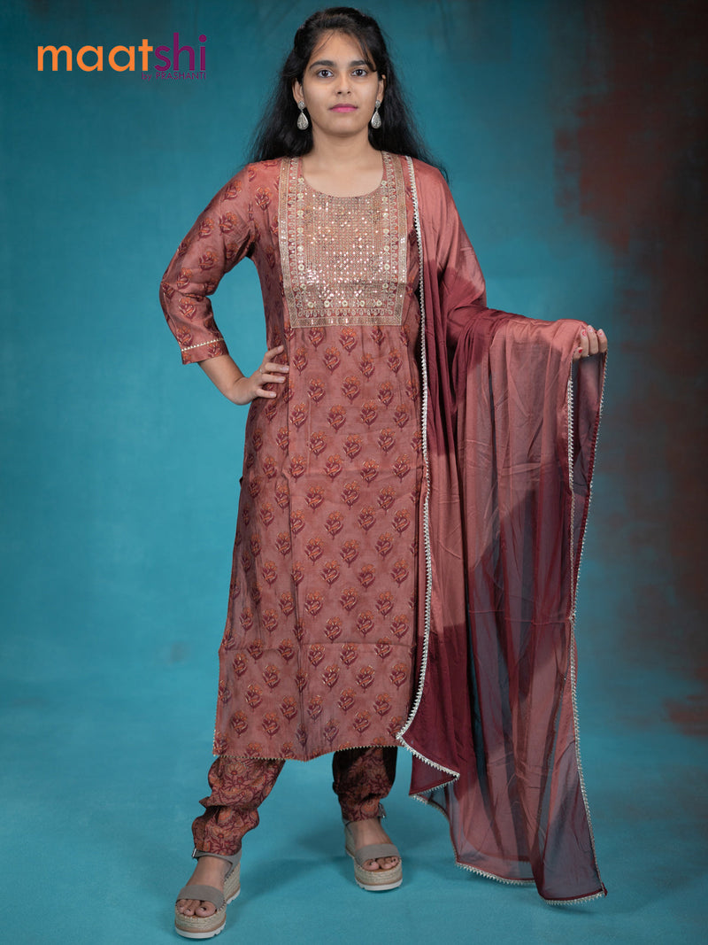 Muslin readymade kurti set rustic maroon with allover butta prints & sequin work neck pattern and straight cut pant & gottapatti lace work dupatta