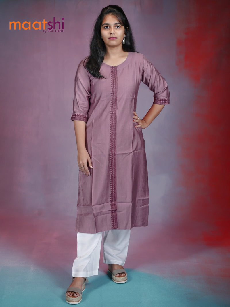Cotton readymade kurti mauve pink with simple embroidery neck pattern without pant