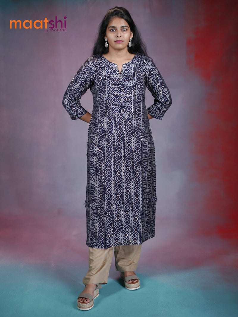 Muslin readymade kurti navy blue with allover prints & simple neck pattern without pant