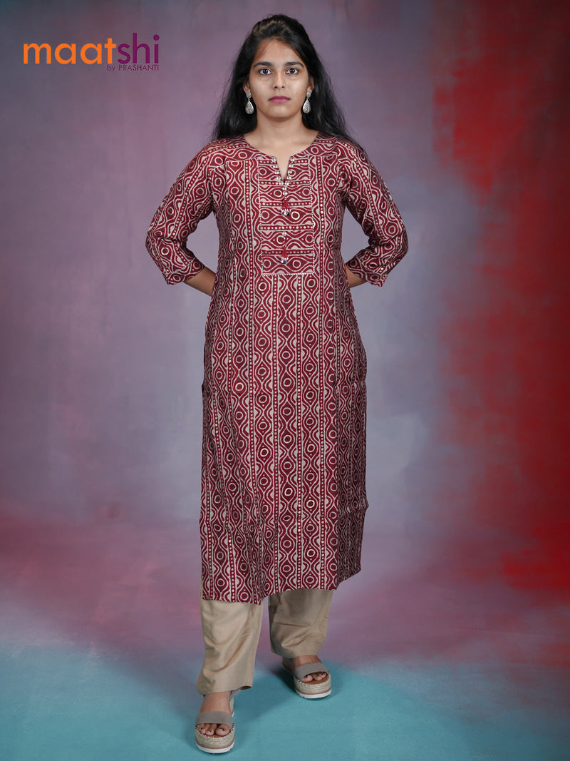 Muslin readymade kurti maroon with allover prints & simple neck pattern without pant