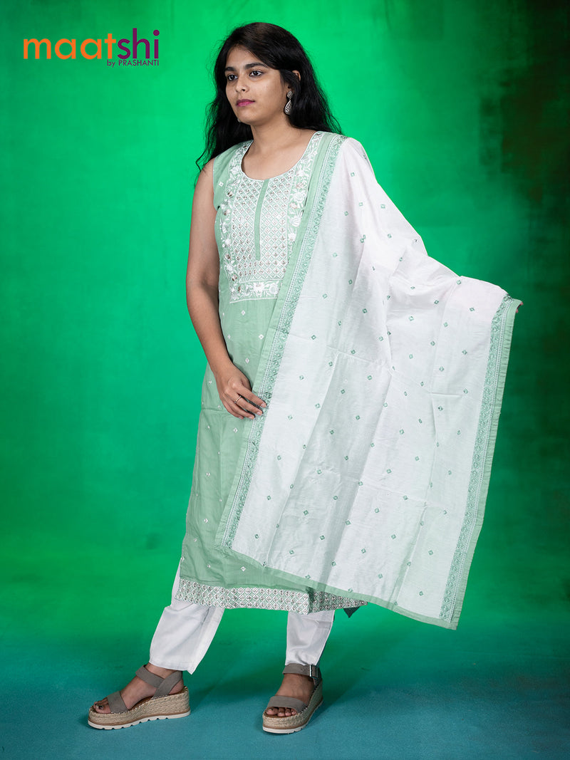 Chanderi readymade kurti set pastel green with embroidery neck pattern & sleeve attached and straight cut pant & embroided dupatta