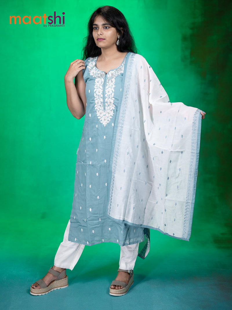 Chanderi readymade kurti set pastel blue with embroidery neck pattern & sleeve attached and straight cut pant & embroided dupatta