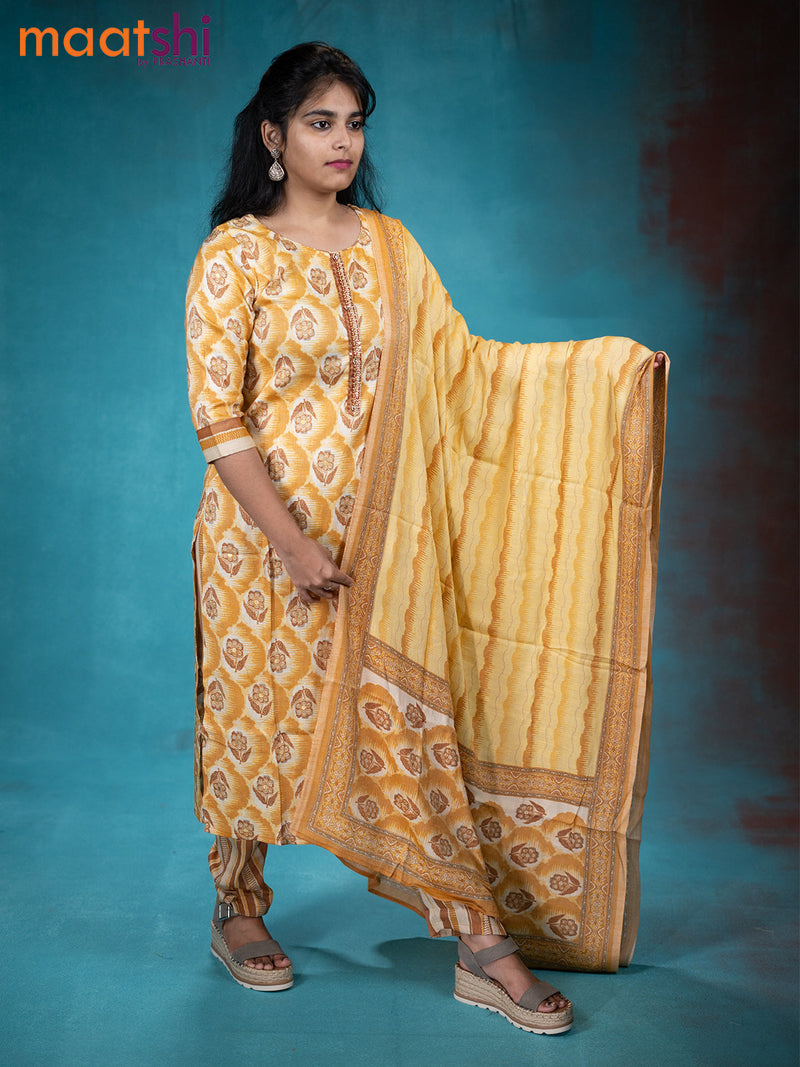 Slub cotton readymade kurti set mustard yellow with allover prints & simple neck pattern and straight cut pant & printed dupatta