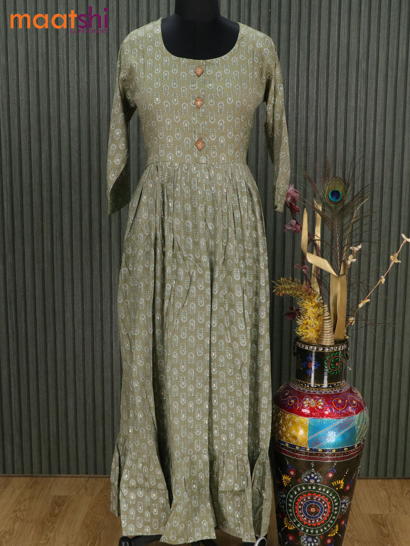 Slub cotton readymade umbrella kurti sap green with allover butta prints & simple patch work neck pattern without pant
