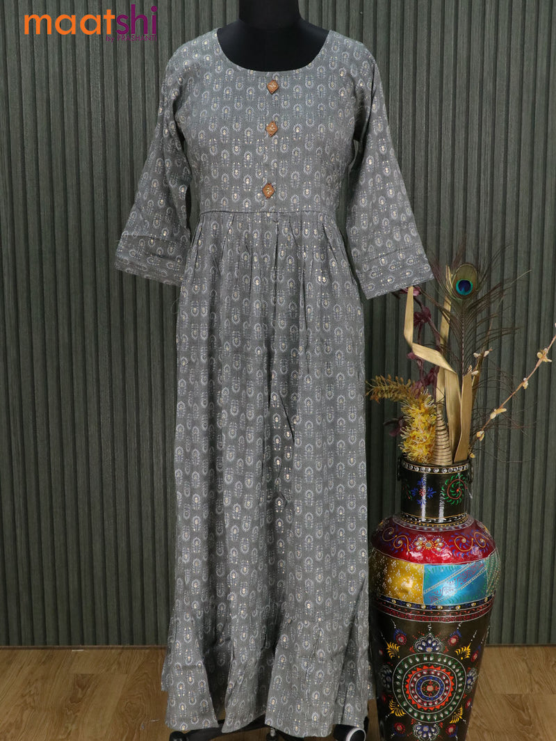Slub cotton readymade umbrella kurti grey with allover butta prints & simple patch work neck pattern without pant