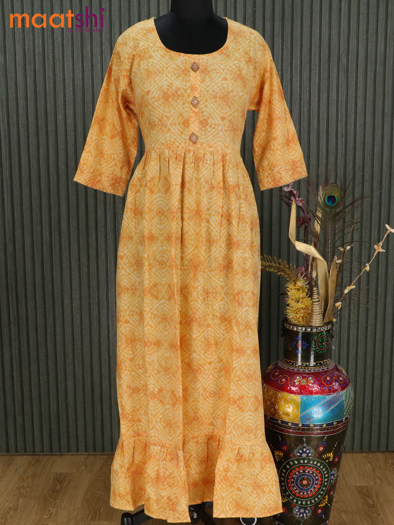 Slub cotton readymade umbrella kurti mustard yellow with allover geometric prints & silmple patch work neck pattern without pant