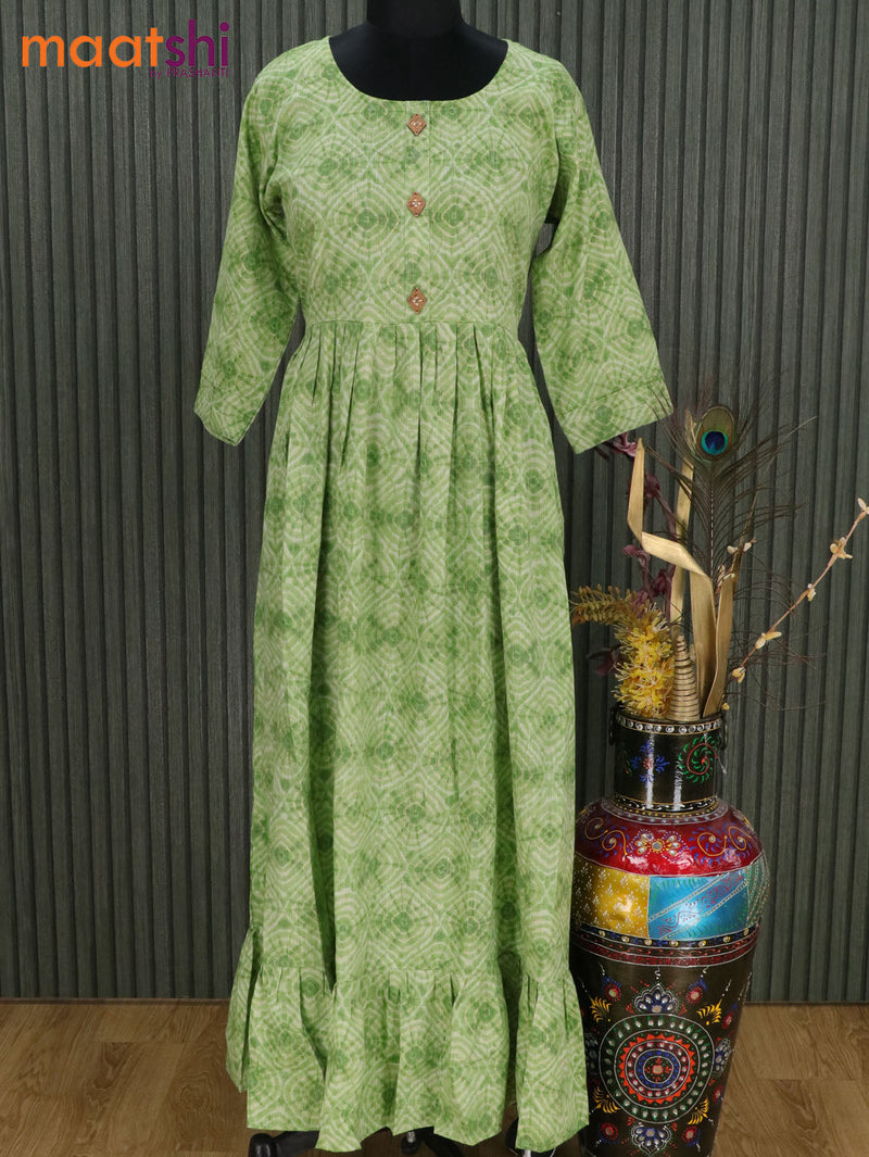 Slub cotton readymade umbrella kurti light green with allover geometric prints & silmple patch work neck pattern without pant