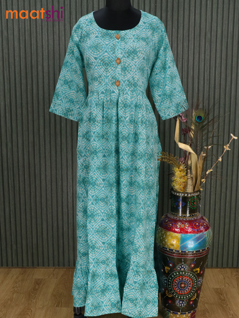 Slub cotton readymade umbrella kurti teal blue with allover geometric prints & silmple patch work neck pattern without pant