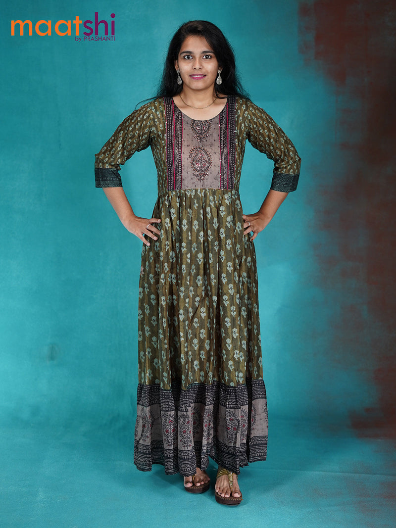Muslin readymade floor lenght kurti mehendi green and black with allover geometric batik prints & sequin work without pant