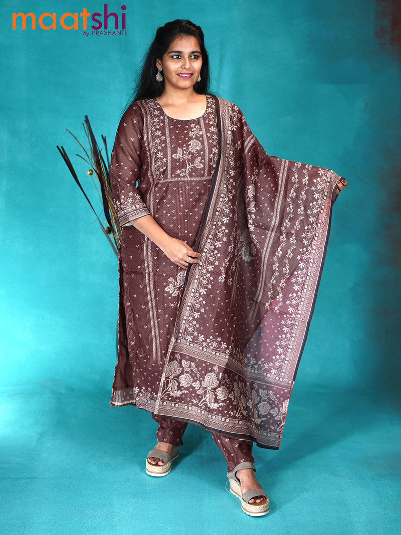 Chanderi readymade kurti set pastel maroon with allover floral prints & sequin work and straight cut pant & printed dupatta
