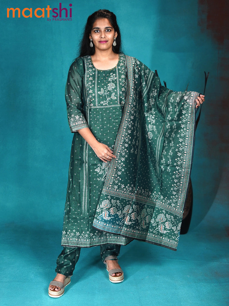Chanderi readymade kurti set peacock green with allover floral prints & sequin work and straight cut pant & printed dupatta