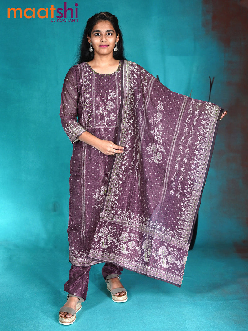 Chanderi readymade kurti set wine shade with allover floral prints & sequin work and straight cut pant & printed dupatta