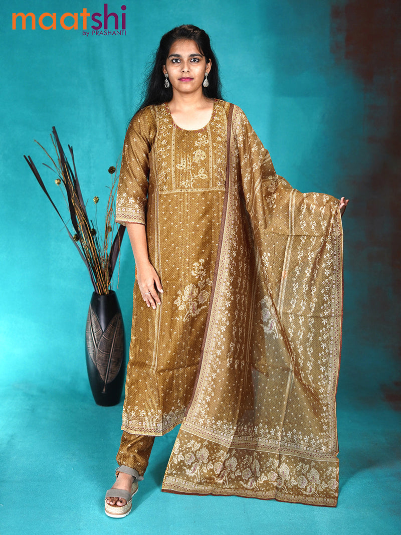 Chanderi readymade kurti set dark mustard with allover floral prints & sequin work and straight cut pant & printed dupatta