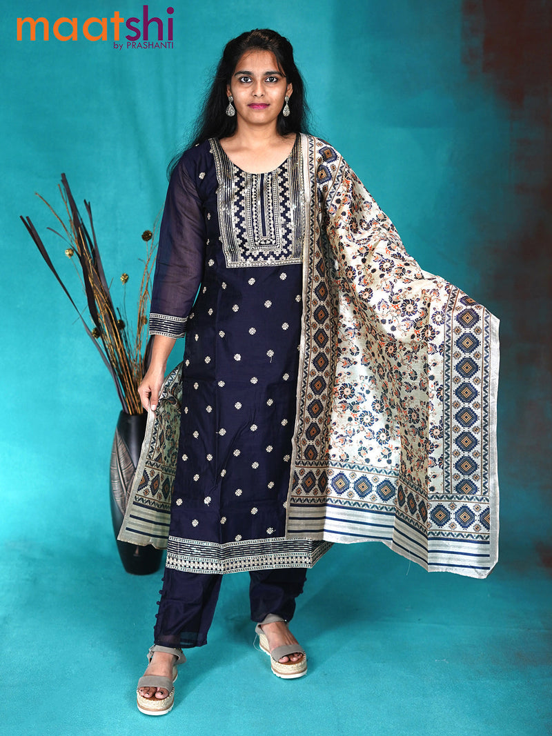 Chanderi readymade kurti set navy blue with sequin work neck pattern and straight cut pant & printed dupatta