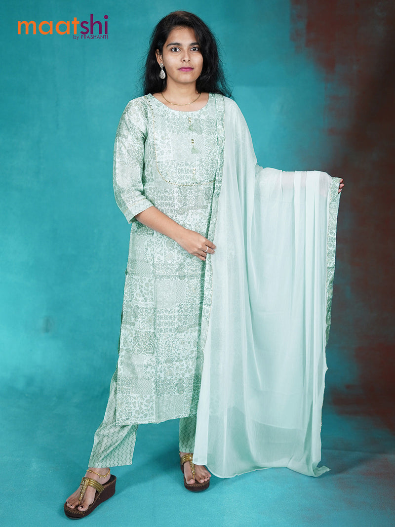 Muslin readymade kurti set pastel blue with allover prints & gottapatti lace work neck pattern and straight cut pant & printed dupatta
