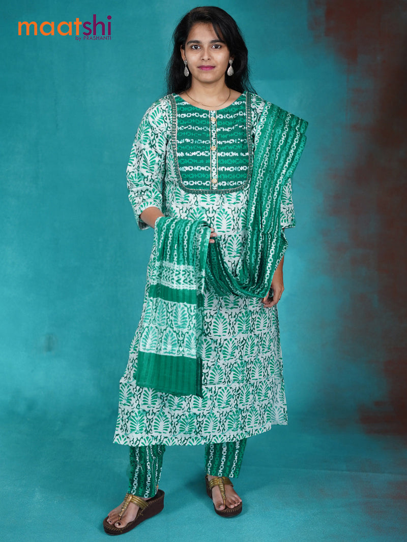 Modal readymade kurti set off white and green shade with allover prints & simple neck pattern and straight cut pant & printed dupatta
