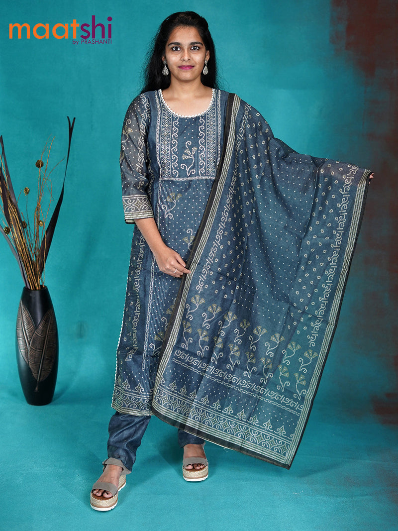 Chanderi readymade kurti set blue with allover prints & beaded work neck pattern and straight cut pant & printed dupatta