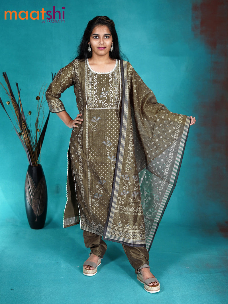 Chanderi readymade kurti set chikku shade with allover prints & beaded work neck pattern and straight cut pant & printed dupatta
