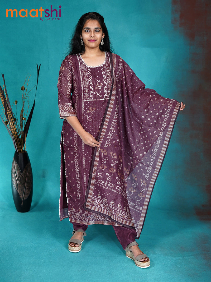 Chanderi readymade kurti set wine shade with allover prints & beaded work neck pattern and straight cut pant & printed dupatta