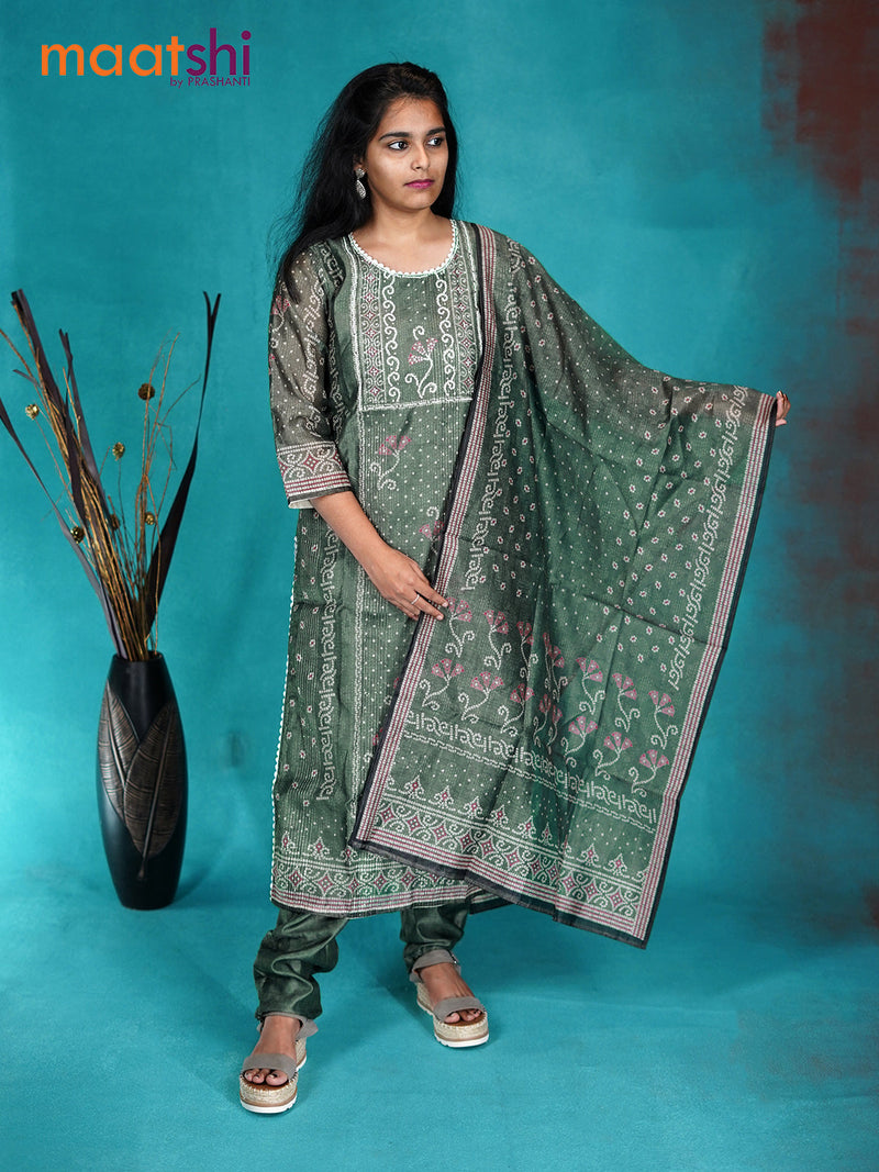 Chanderi readymade kurti set green with embroided mirror work neck pattern & sleeve attached and straight cut pant & banarasi dupatta