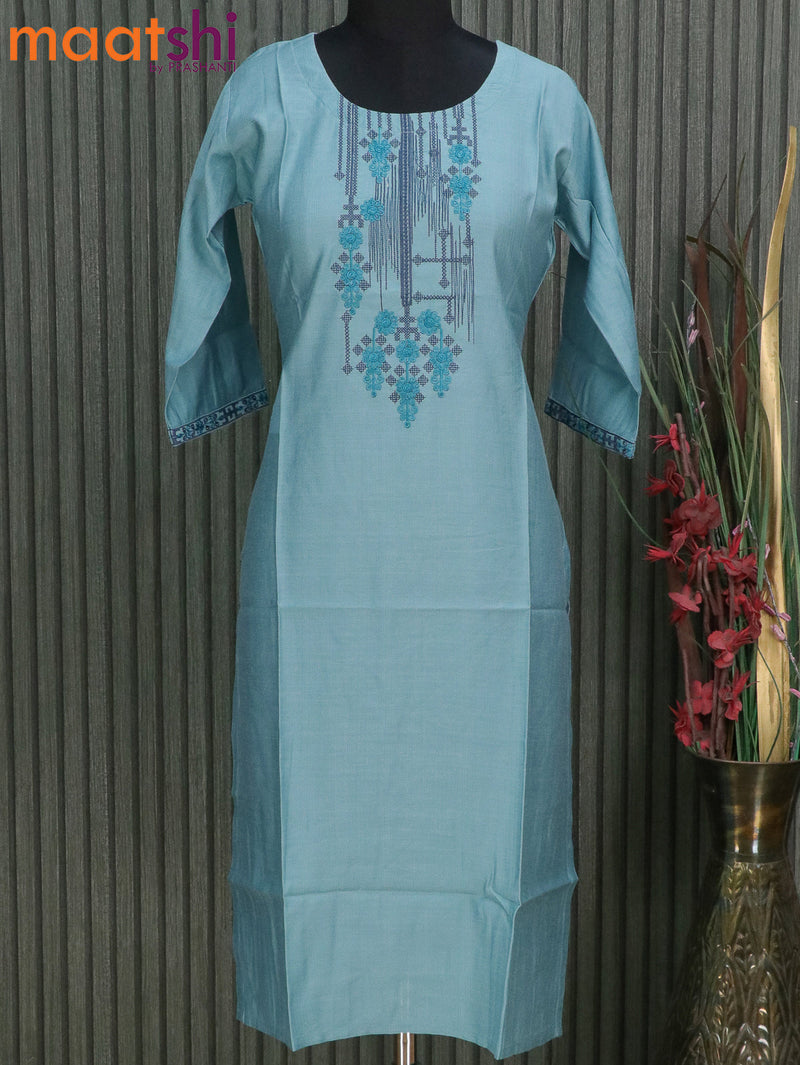 Cotton readymade kurti pastel blue with embroidery neck pattern without pant