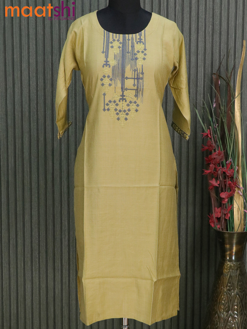 Cotton readymade kurti yellow shade with embroidery neck pattern without pant