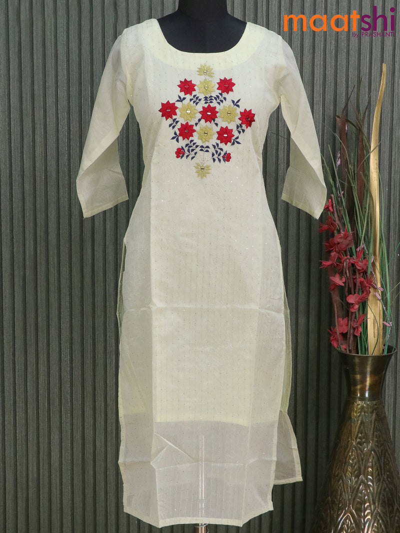 Raw silk readymade kurti lime yellow with allover sequin work & embroidery neck without pant