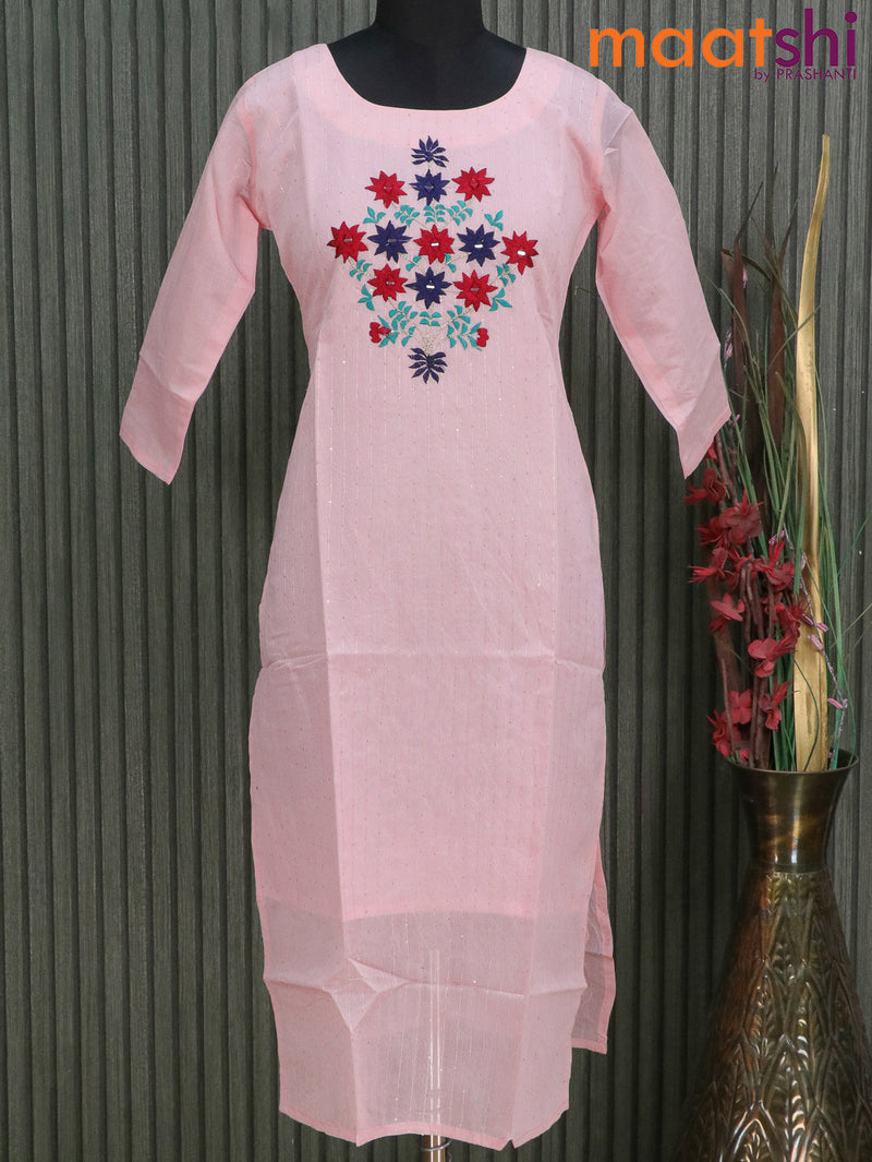 Raw silk readymade kurti peach pink with allover sequin work & embroidery neck without pant