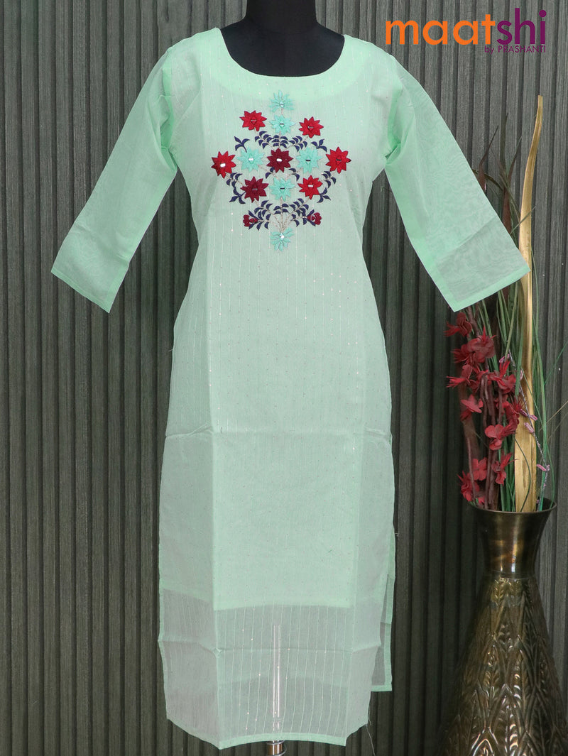 Raw silk readymade kurti teal green shade with allover sequin work & embroidery neck without pant