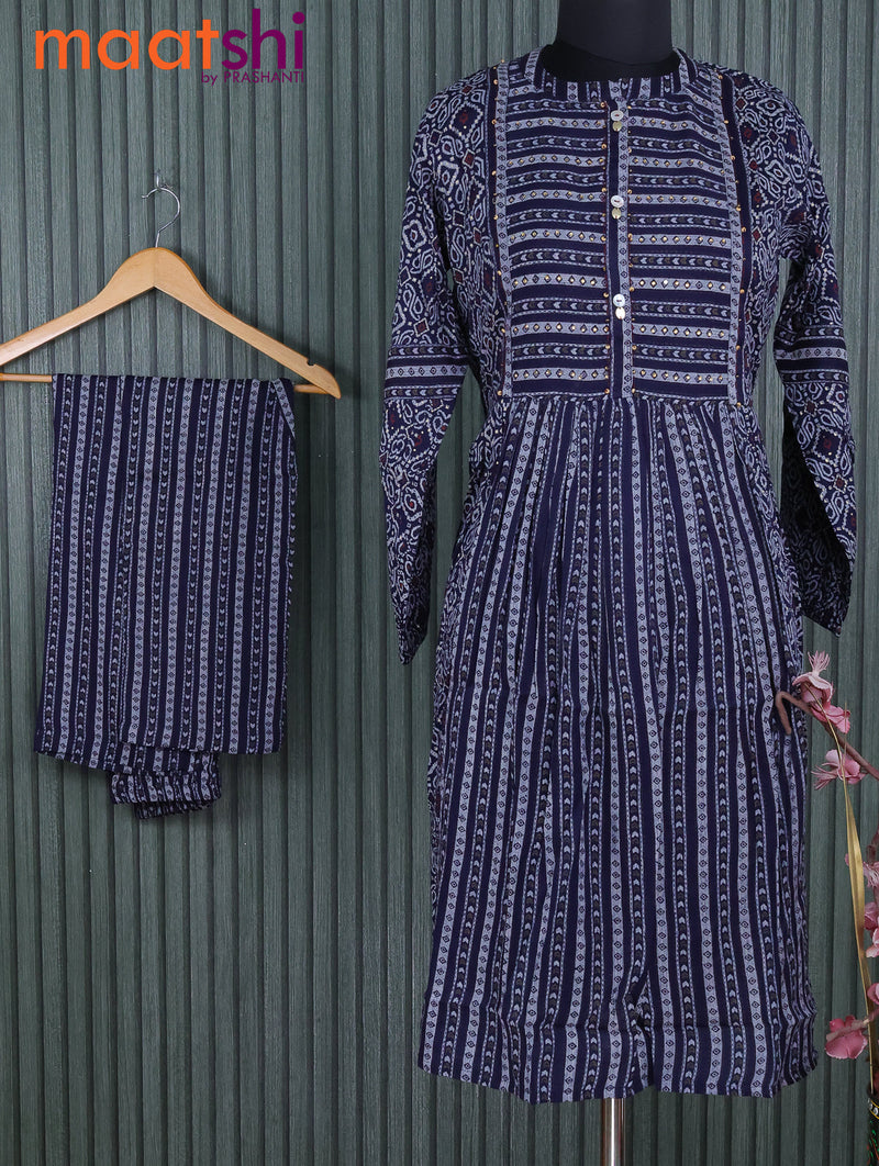 Cotton readymade kurti blue with allover prints & simple neck pattern and straight cut pant