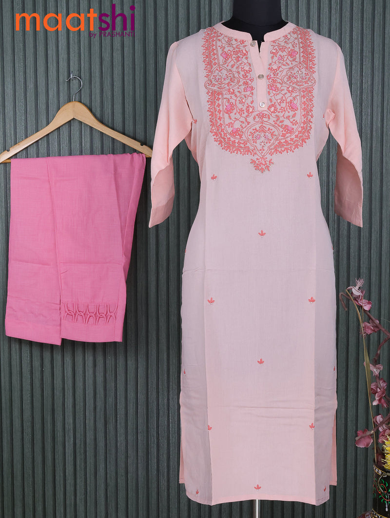 Chanderi readymade kurti light pink and pink with embroided & beaded work neck pattern and straight cut pant