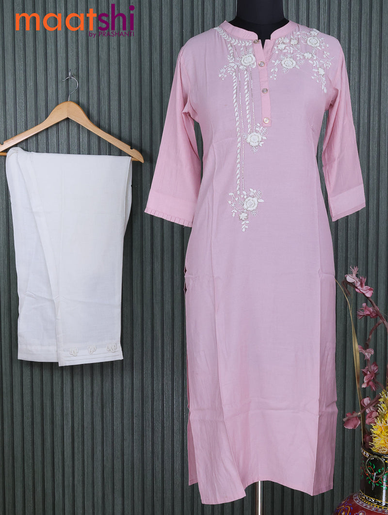 Chanderi readymade kurti light pink and off white with embroided & beaded work neck pattern and straight cut pant