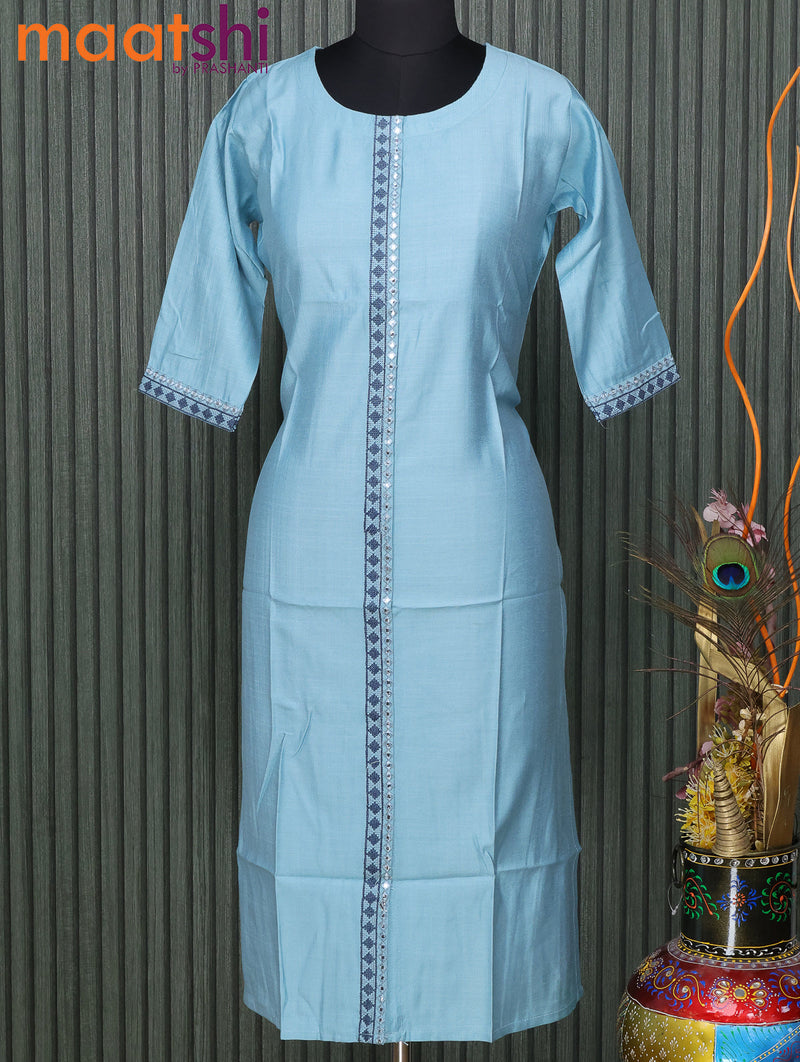 Soft cotton readymade kurti pastel blue with embroidery mirror patch work neck pattern without pant